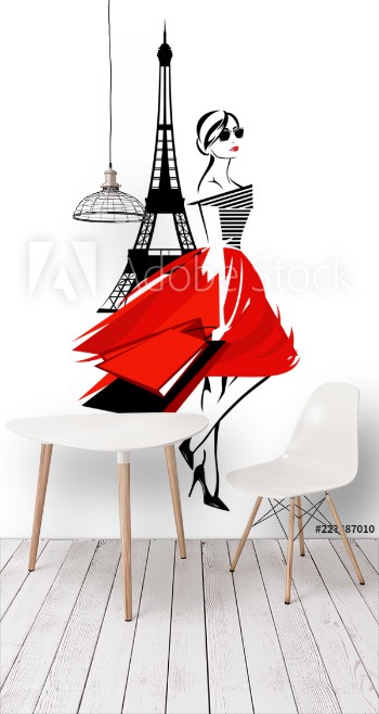 Picture of Beautiful fashion woman in Paris - french fashionista with shopping bags and eiffel tower vector design